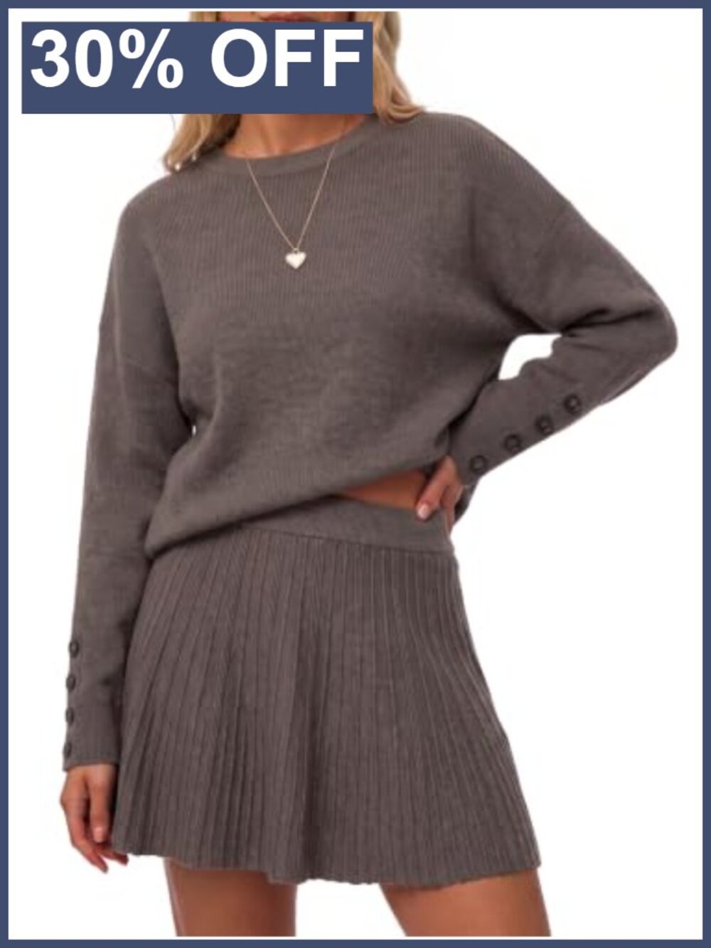 Wool Blend 2 Piece Sweater and Pleated Mini Skirt Set Long Sleeve Relaxed Fit